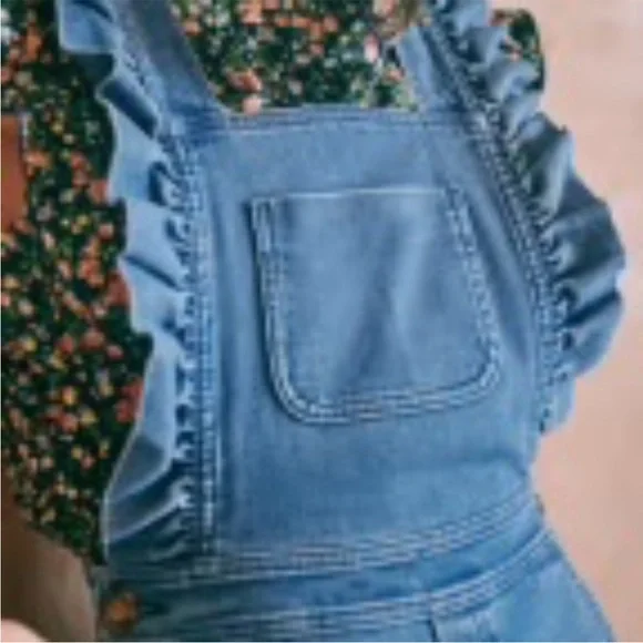 Sezane Rosario Denim Jean Overalls Ruffle Jumpsuit 38 - Picture 6 of 13